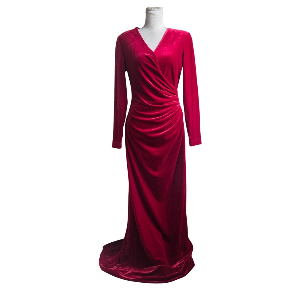 Tadashi Medium Red Maxi Velvet Long Sleeve V Neck Formal Cinched Modest Dress